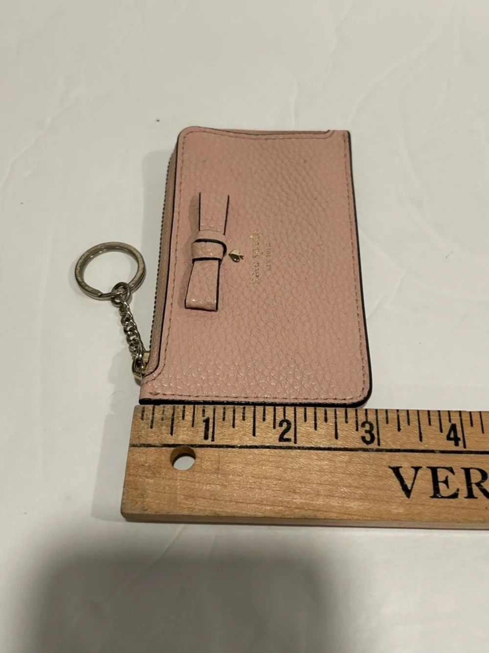 Kate Spade Pink Pebbled Leather Coin Purse Wallet Key Ring Bow Logo